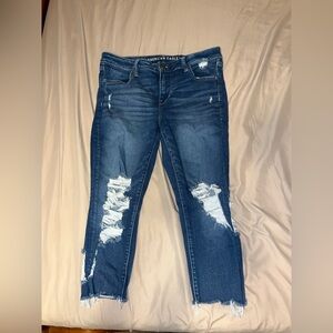 American Eagle Outfitters Women's Dark Blue Ripped Skinny Jeans